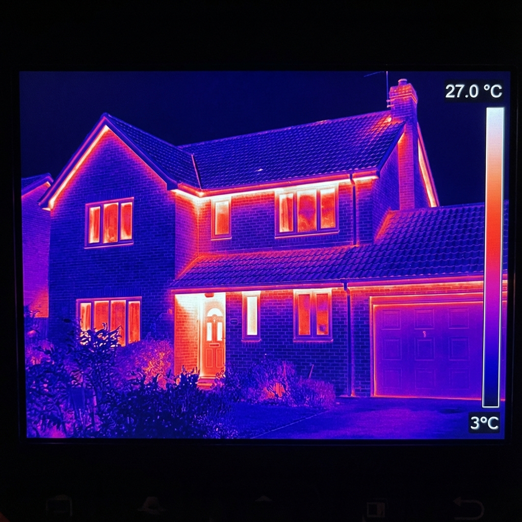 Imagine termografică a unei case arătând pierderi de căldură prin ferestre și acoperiș - Termografie Oradea